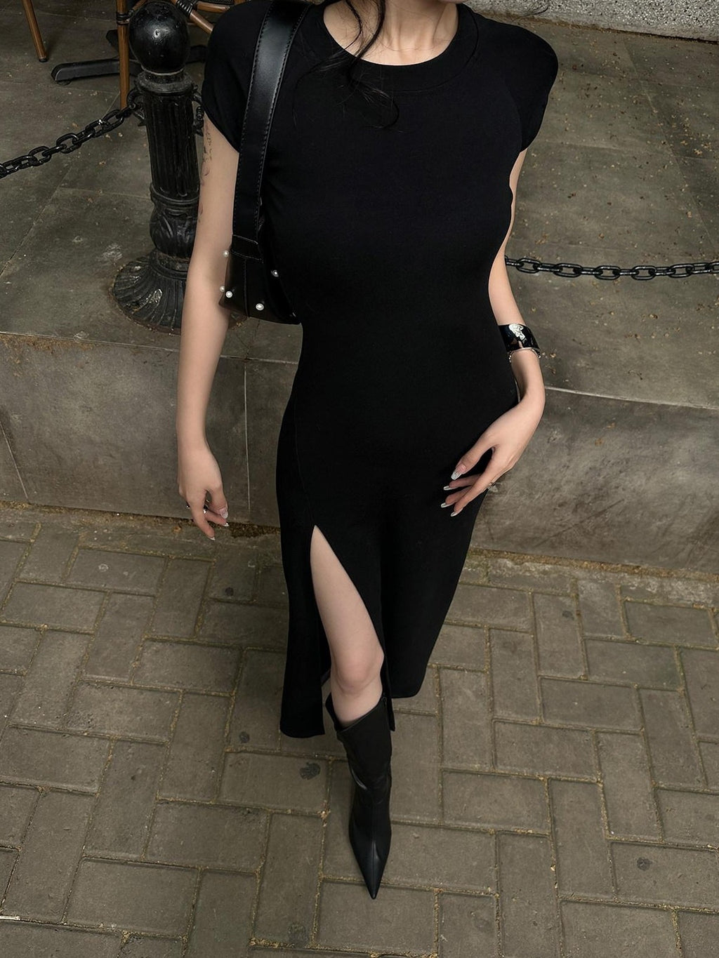 Fanptntox Black Back Cutout High Waist Solid Women's Other Fabric Bodycon Maxi Dresses