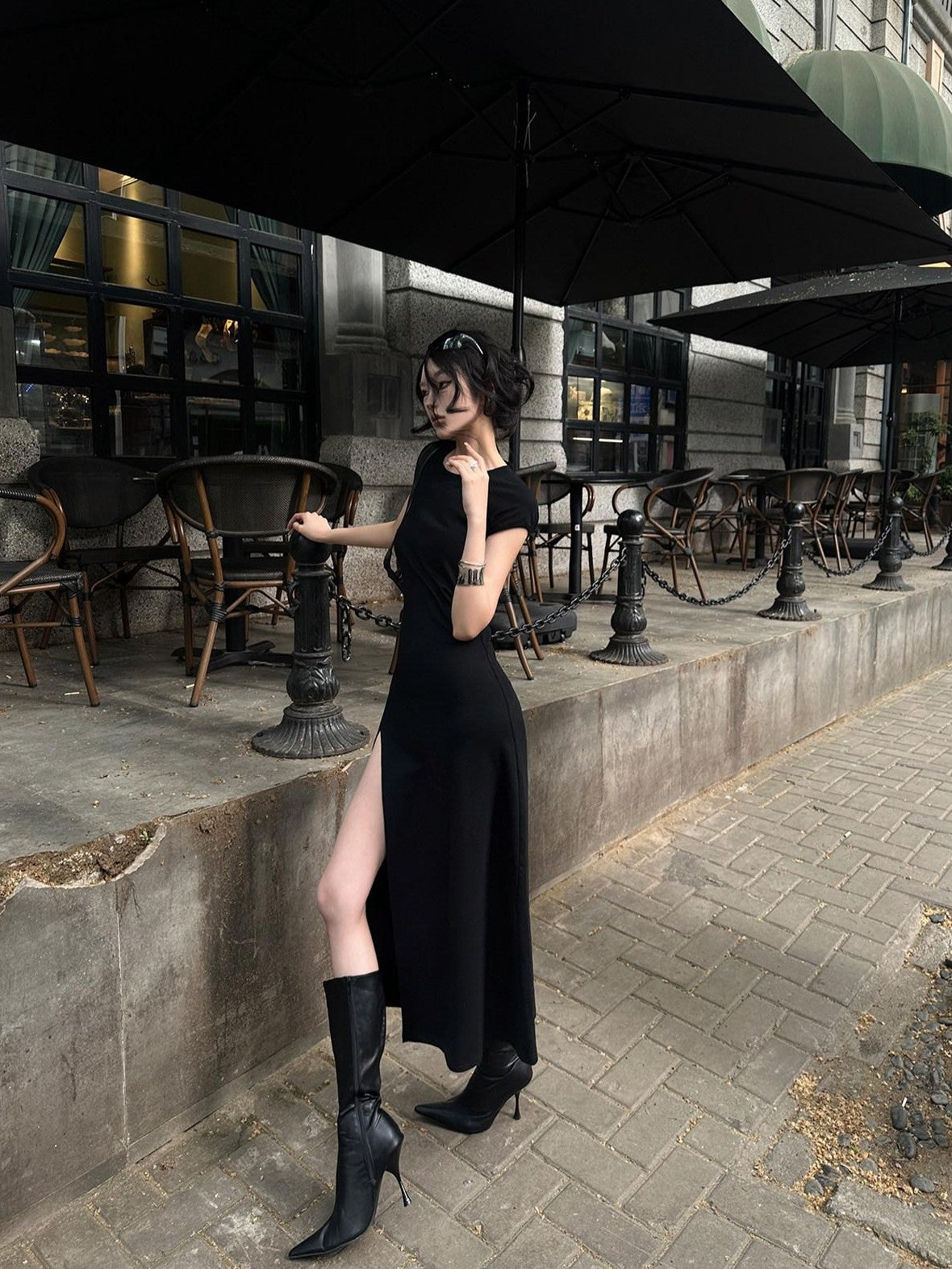 Fanptntox Black Back Cutout High Waist Solid Women's Other Fabric Bodycon Maxi Dresses