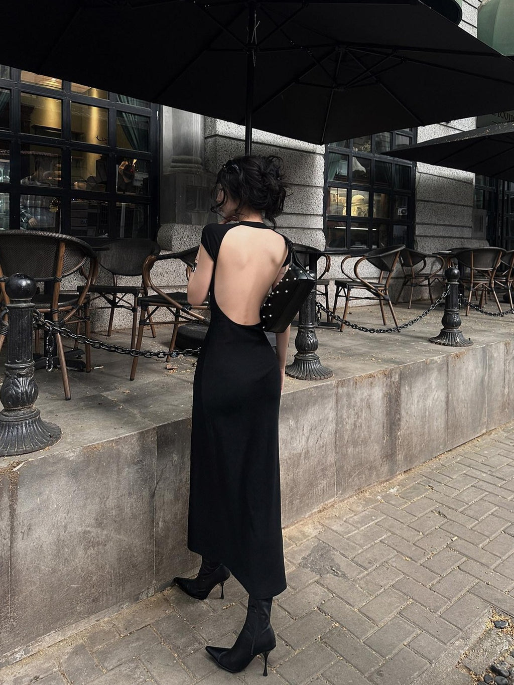 Fanptntox Black Back Cutout High Waist Solid Women's Other Fabric Bodycon Maxi Dresses