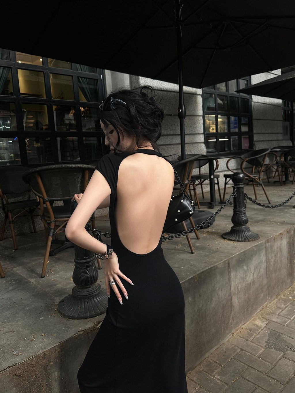 Fanptntox Black Back Cutout High Waist Solid Women's Other Fabric Bodycon Maxi Dresses