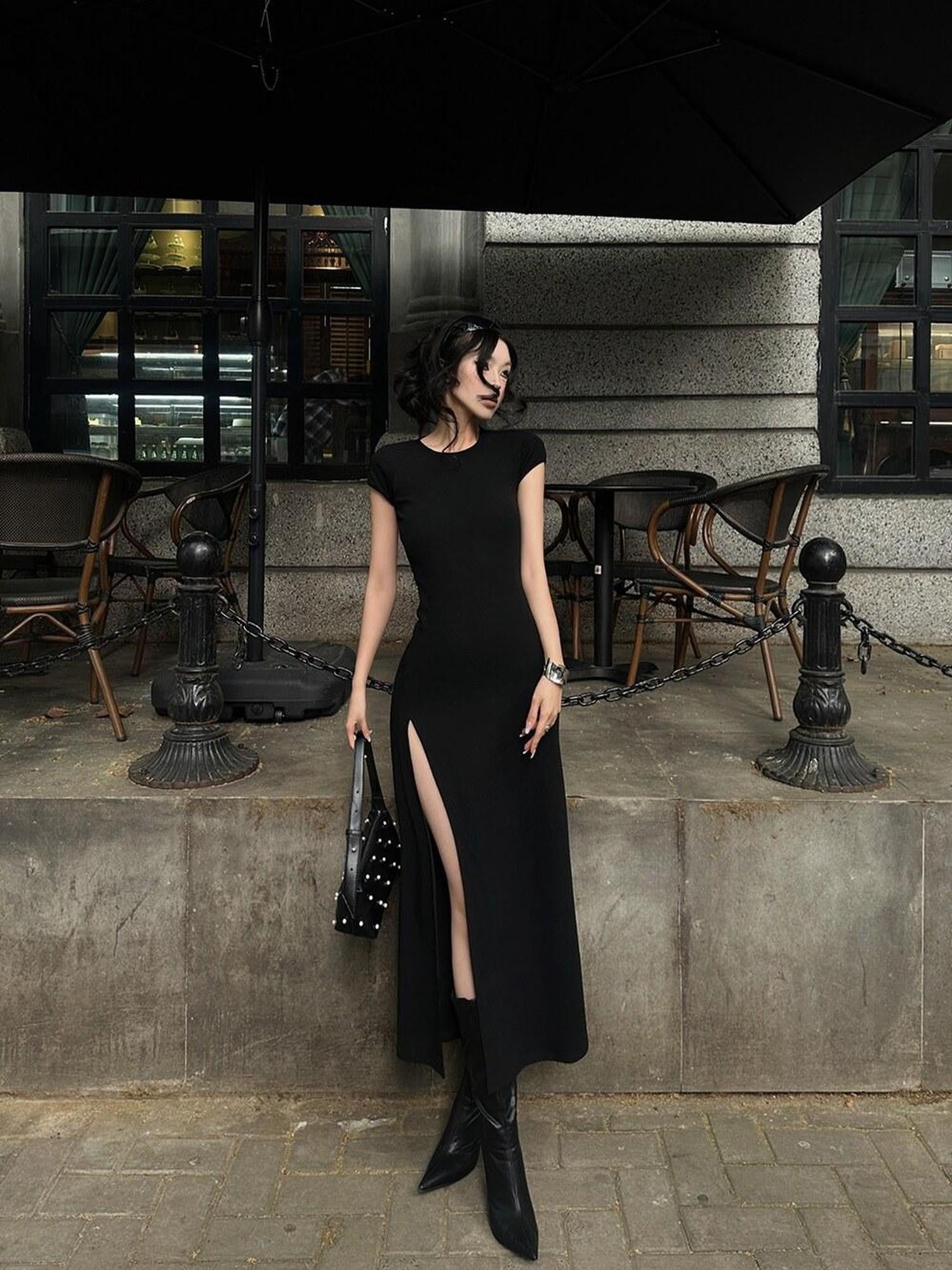 Fanptntox Black Back Cutout High Waist Solid Women's Other Fabric Bodycon Maxi Dresses
