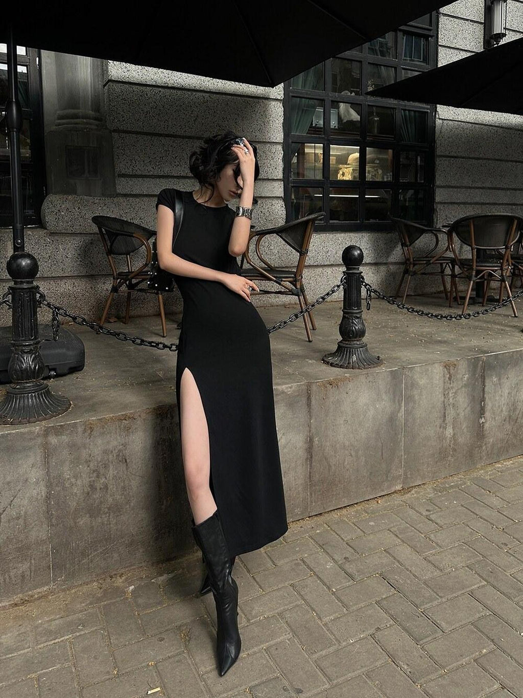Fanptntox Black Back Cutout High Waist Solid Women's Other Fabric Bodycon Maxi Dresses