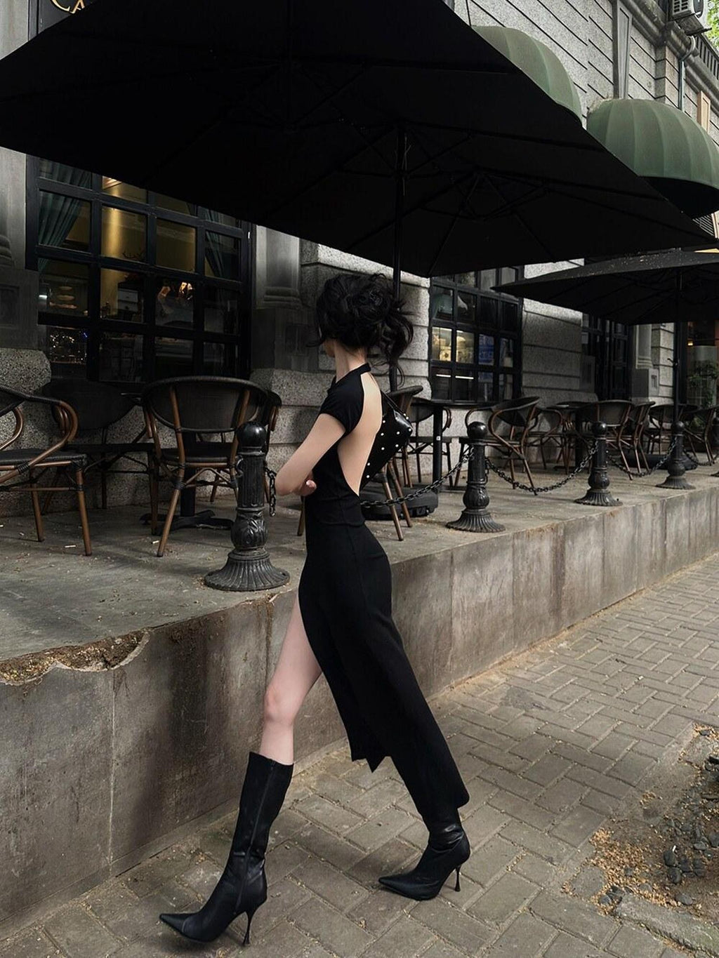 Fanptntox Black Back Cutout High Waist Solid Women's Other Fabric Bodycon Maxi Dresses