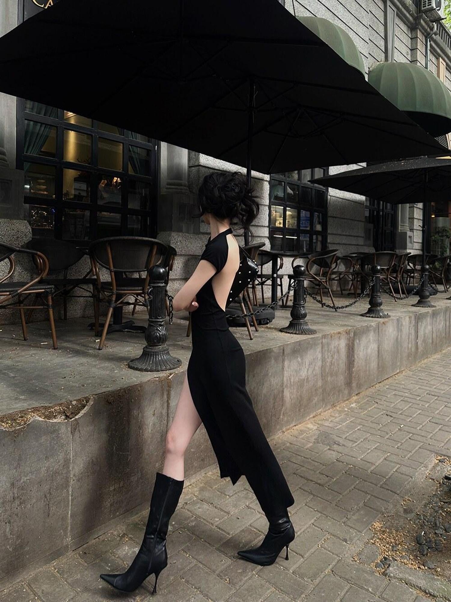Fanptntox Black Back Cutout High Waist Solid Women's Other Fabric Bodycon Maxi Dresses