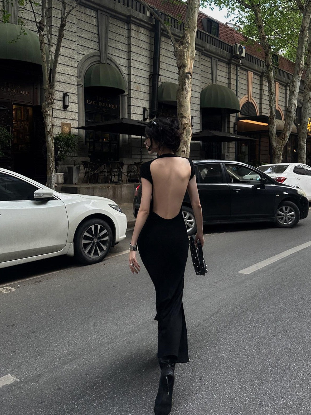 Fanptntox Black Back Cutout High Waist Solid Women's Other Fabric Bodycon Maxi Dresses