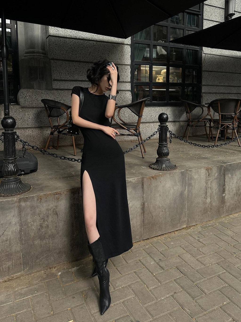 Fanptntox Black Back Cutout High Waist Solid Women's Other Fabric Bodycon Maxi Dresses