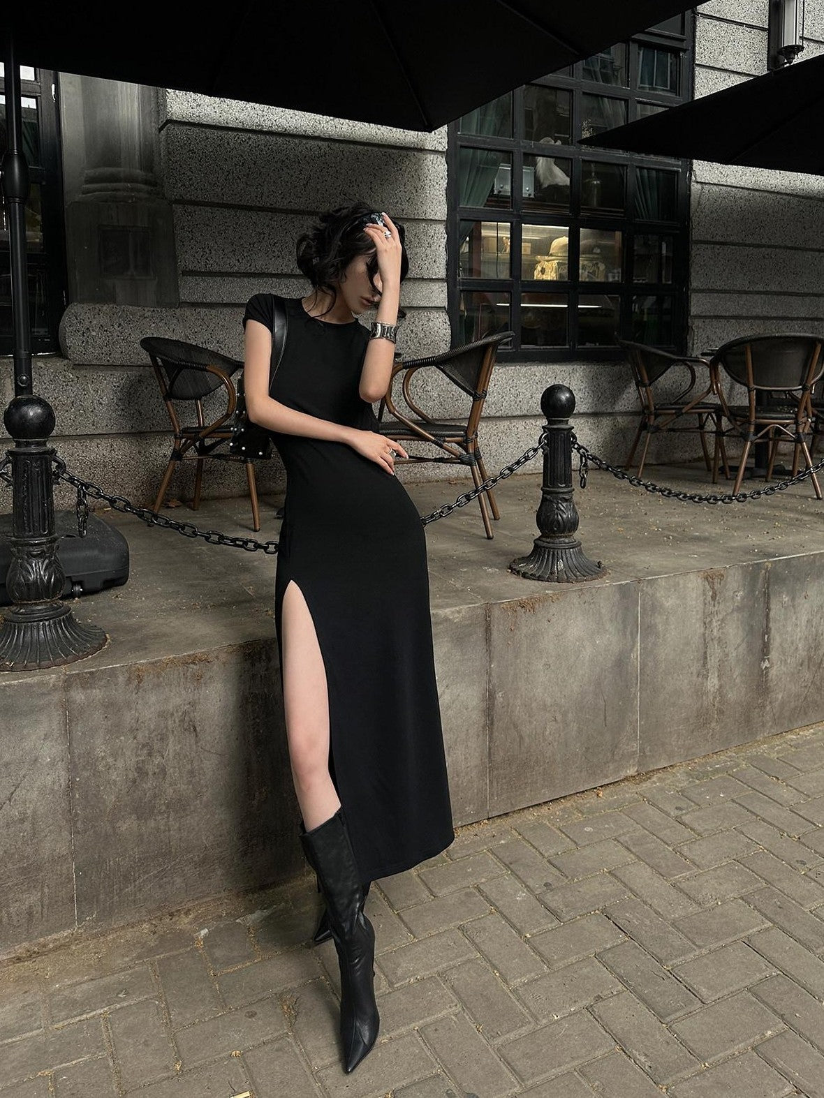 Fanptntox Black Back Cutout High Waist Solid Women's Other Fabric Bodycon Maxi Dresses