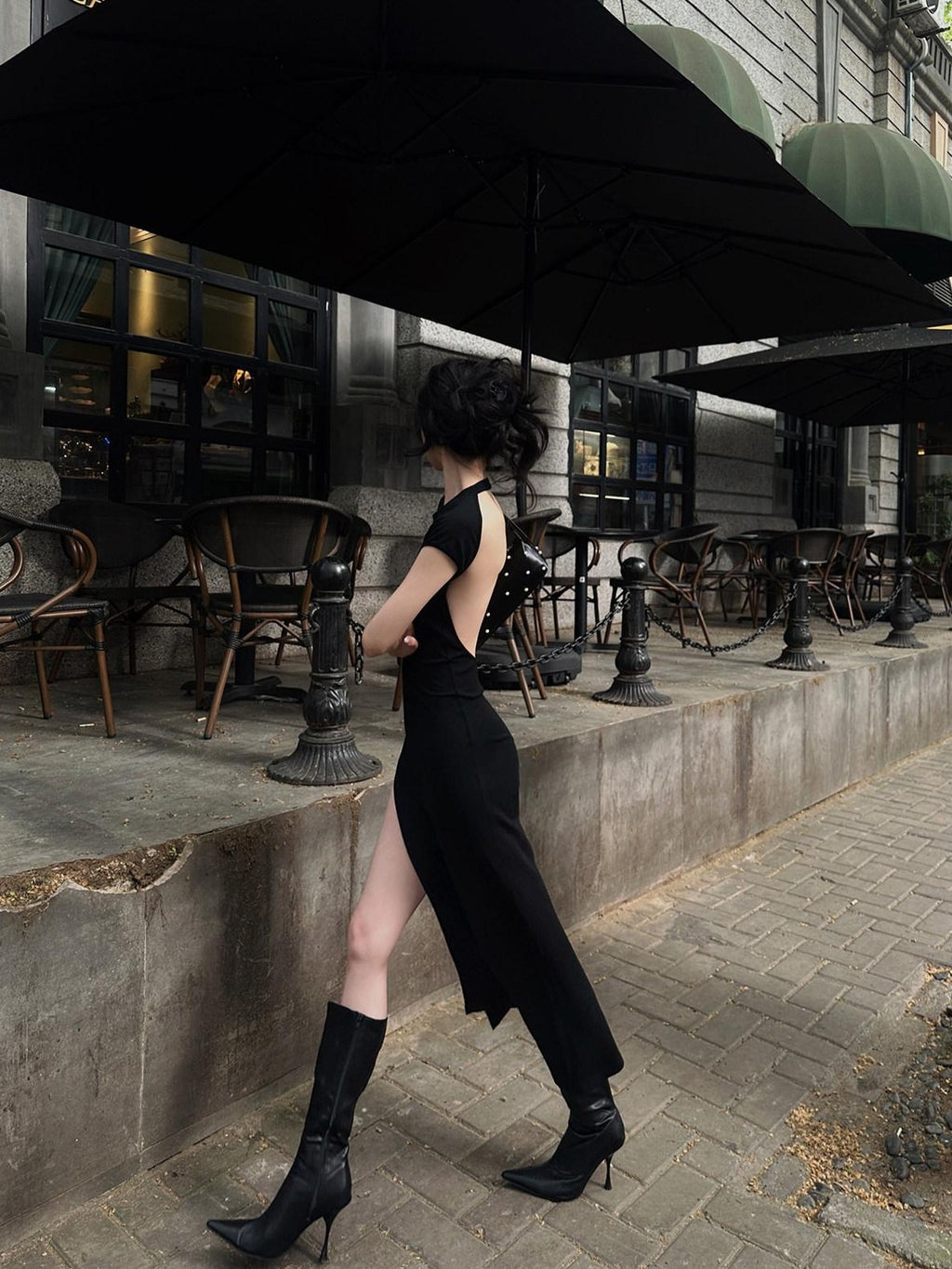 Fanptntox Black Back Cutout High Waist Solid Women's Other Fabric Bodycon Maxi Dresses
