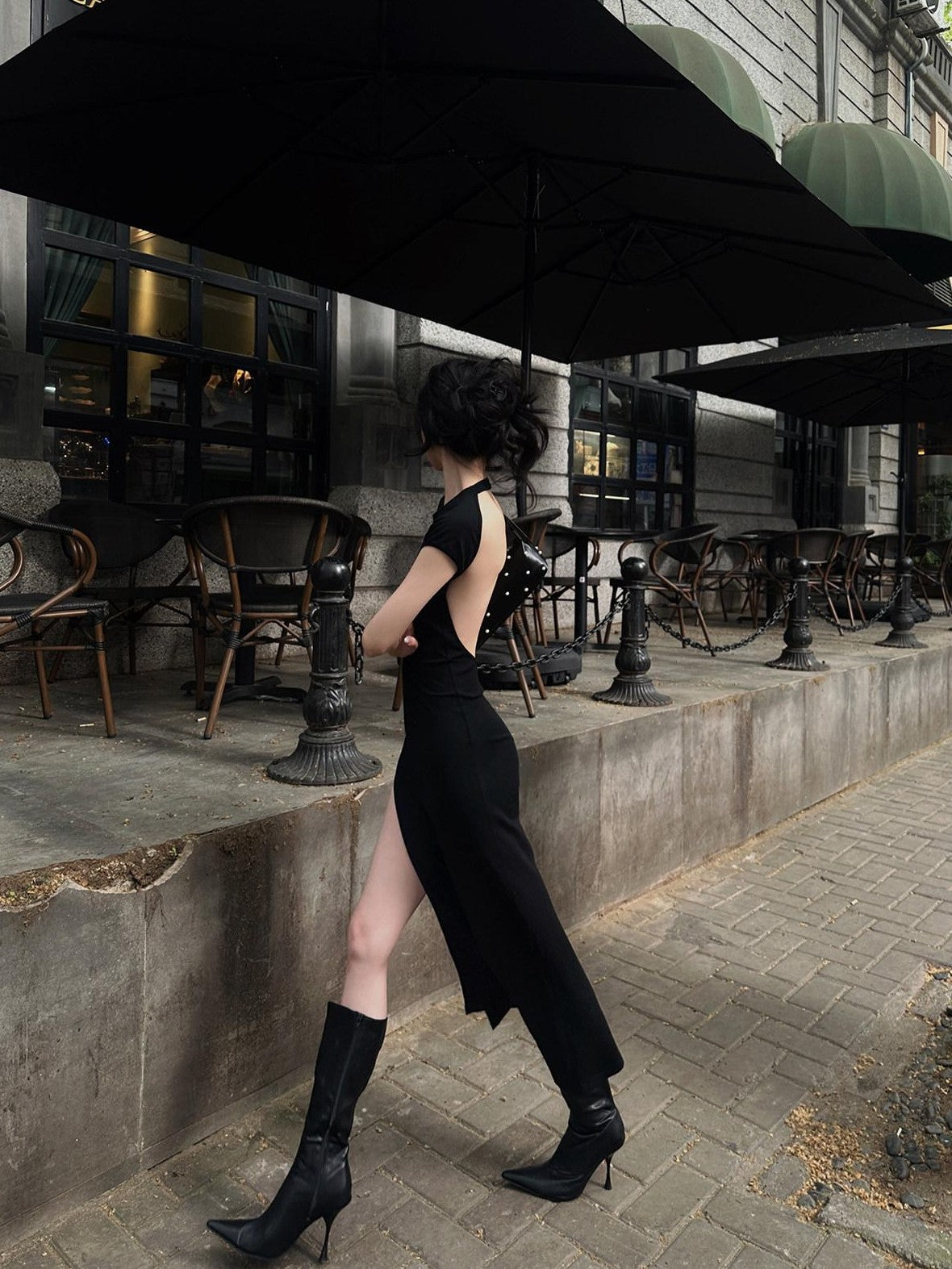 Fanptntox Black Back Cutout High Waist Solid Women's Other Fabric Bodycon Maxi Dresses