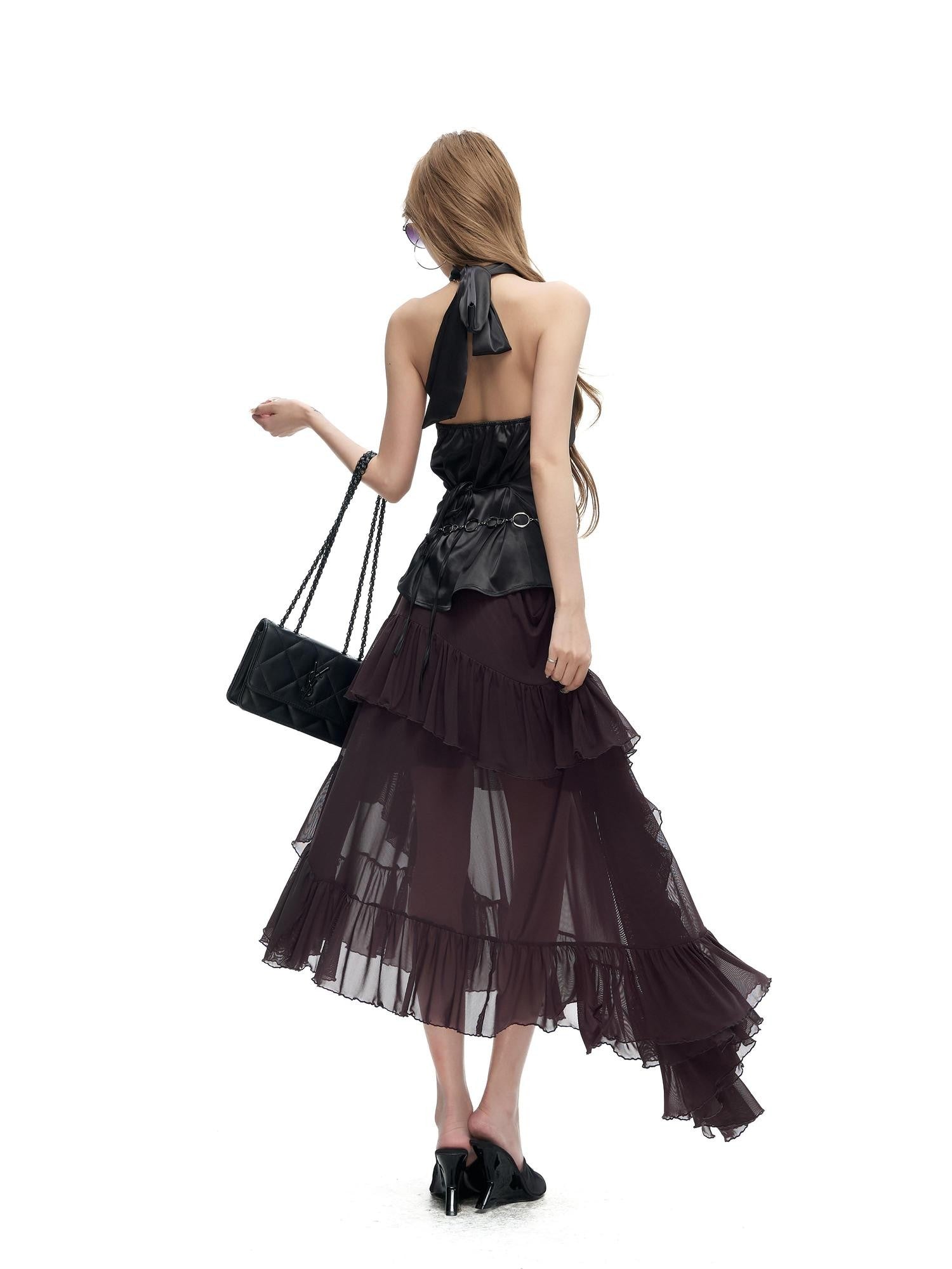 Fanptntox Black Backless Tie Halter Waist Cinch Slim Women's Satin Tank Tops