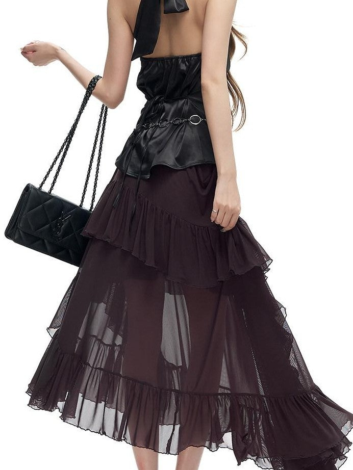 Fanptntox Black Backless Tie Halter Waist Cinch Slim Women's Satin Tank Tops