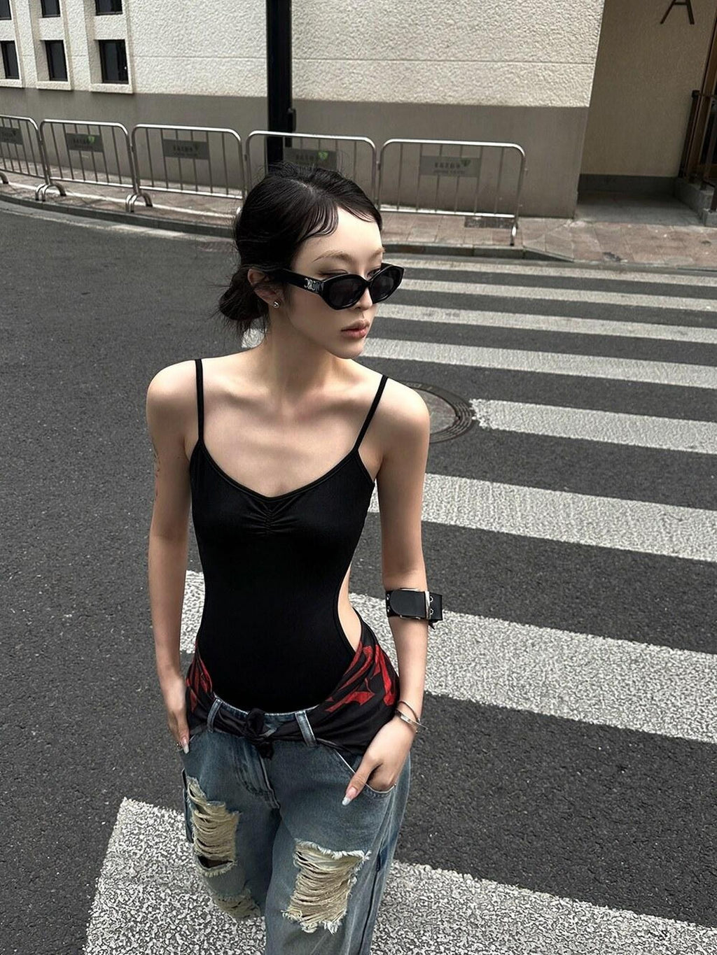 Fanptntox Black Backless V-neck Spaghetti Strap High Waist Slim Fit Women's Camisoles
