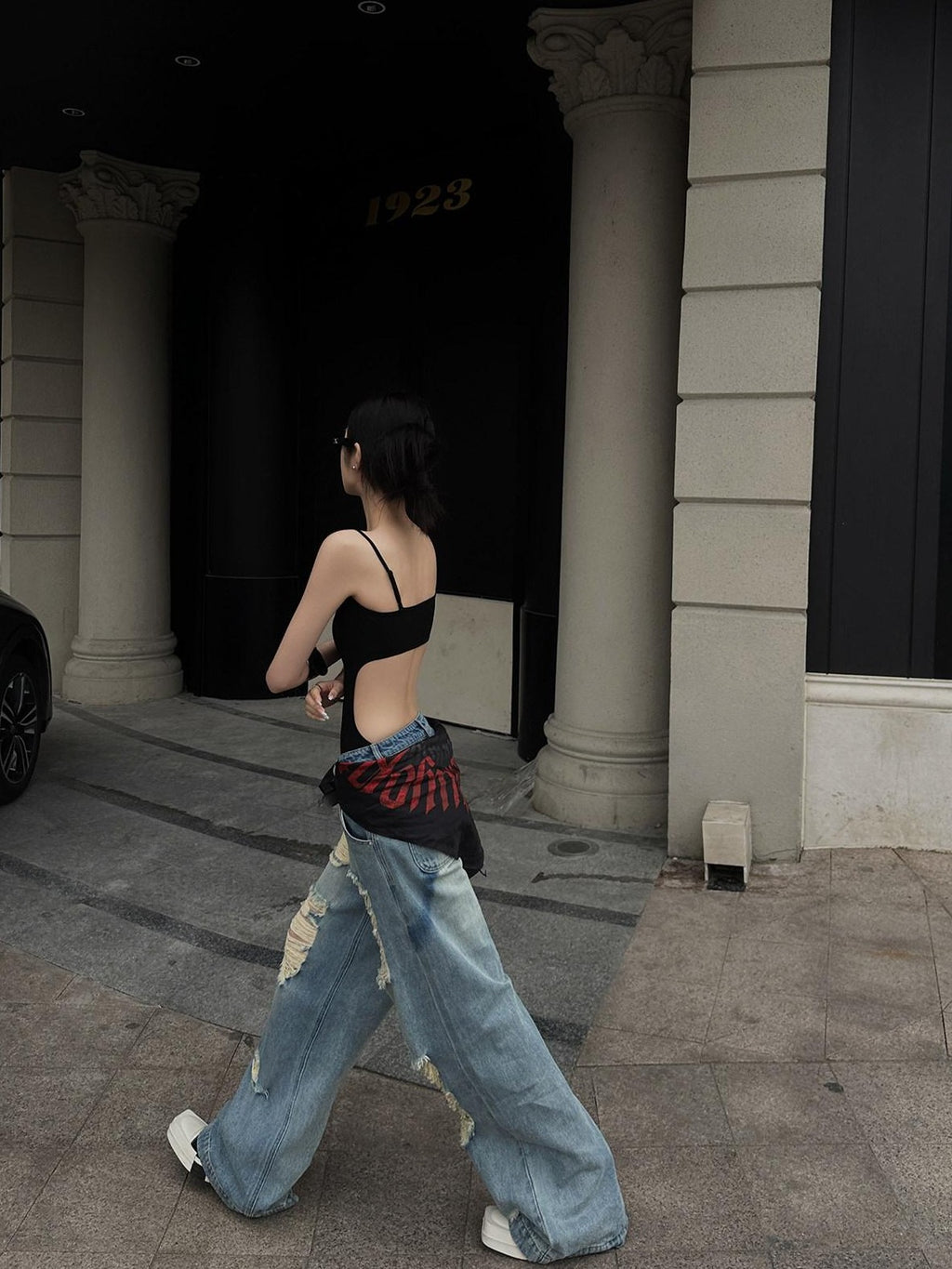 Fanptntox Black Backless V-neck Spaghetti Strap High Waist Slim Fit Women's Camisoles