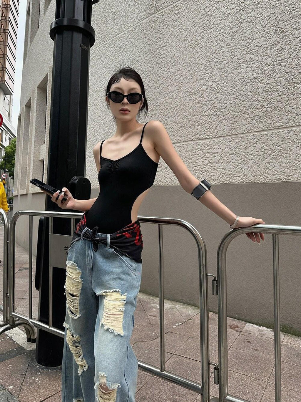 Fanptntox Black Backless V-neck Spaghetti Strap High Waist Slim Fit Women's Camisoles