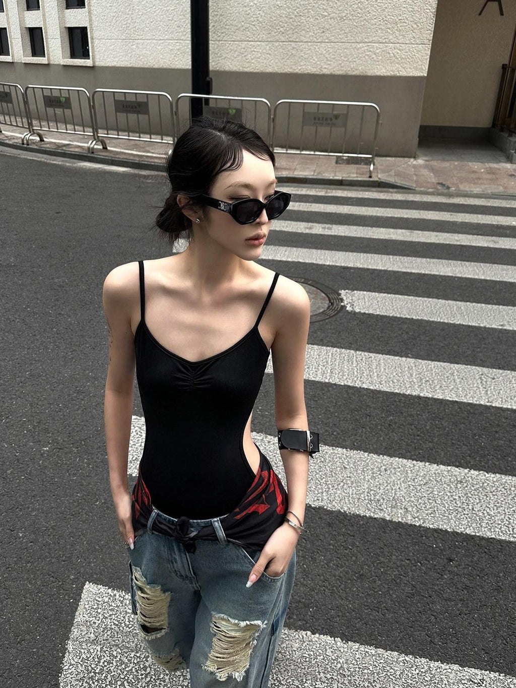 Fanptntox Black Backless V-neck Spaghetti Strap High Waist Slim Fit Women's Camisoles