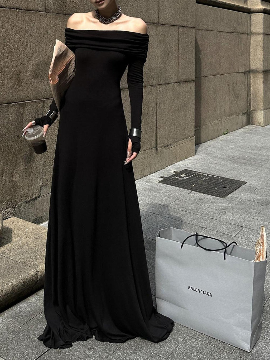 Fanptntox Black Bardot Long Sleeve Zipper Knit Women's Strapless Maxi Dresses