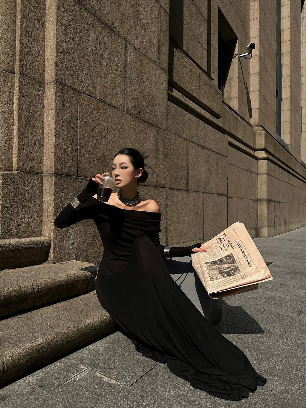 Fanptntox Black Bardot Long Sleeve Zipper Knit Women's Strapless Maxi Dresses