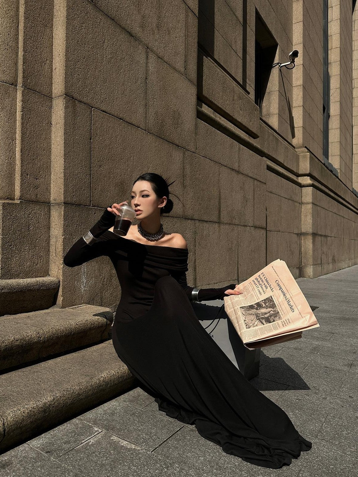 Fanptntox Black Bardot Long Sleeve Zipper Knit Women's Strapless Maxi Dresses