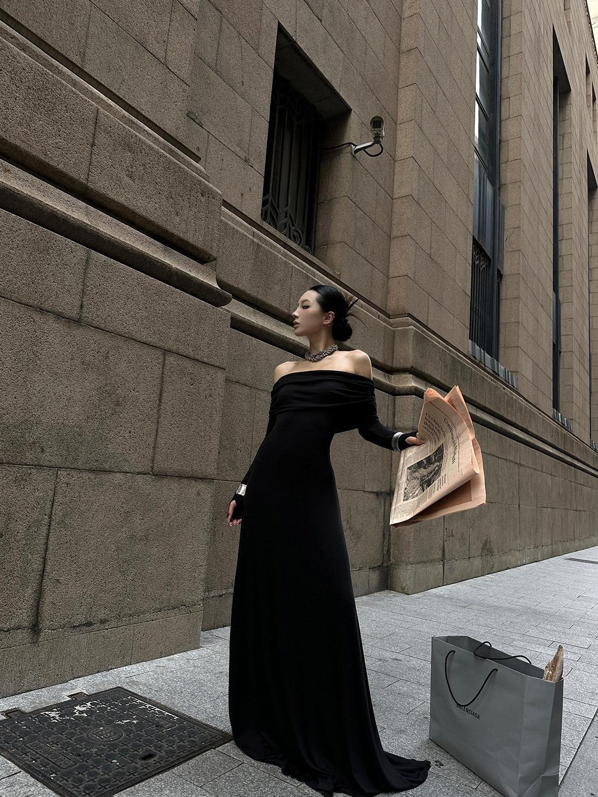 Fanptntox Black Bardot Long Sleeve Zipper Knit Women's Strapless Maxi Dresses