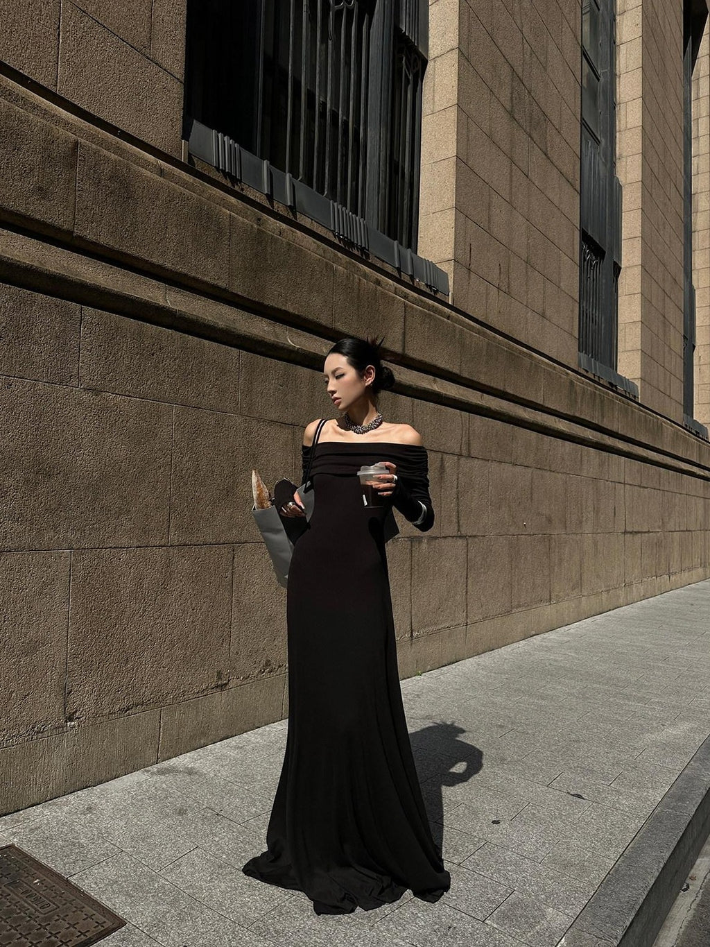 Fanptntox Black Bardot Long Sleeve Zipper Knit Women's Strapless Maxi Dresses