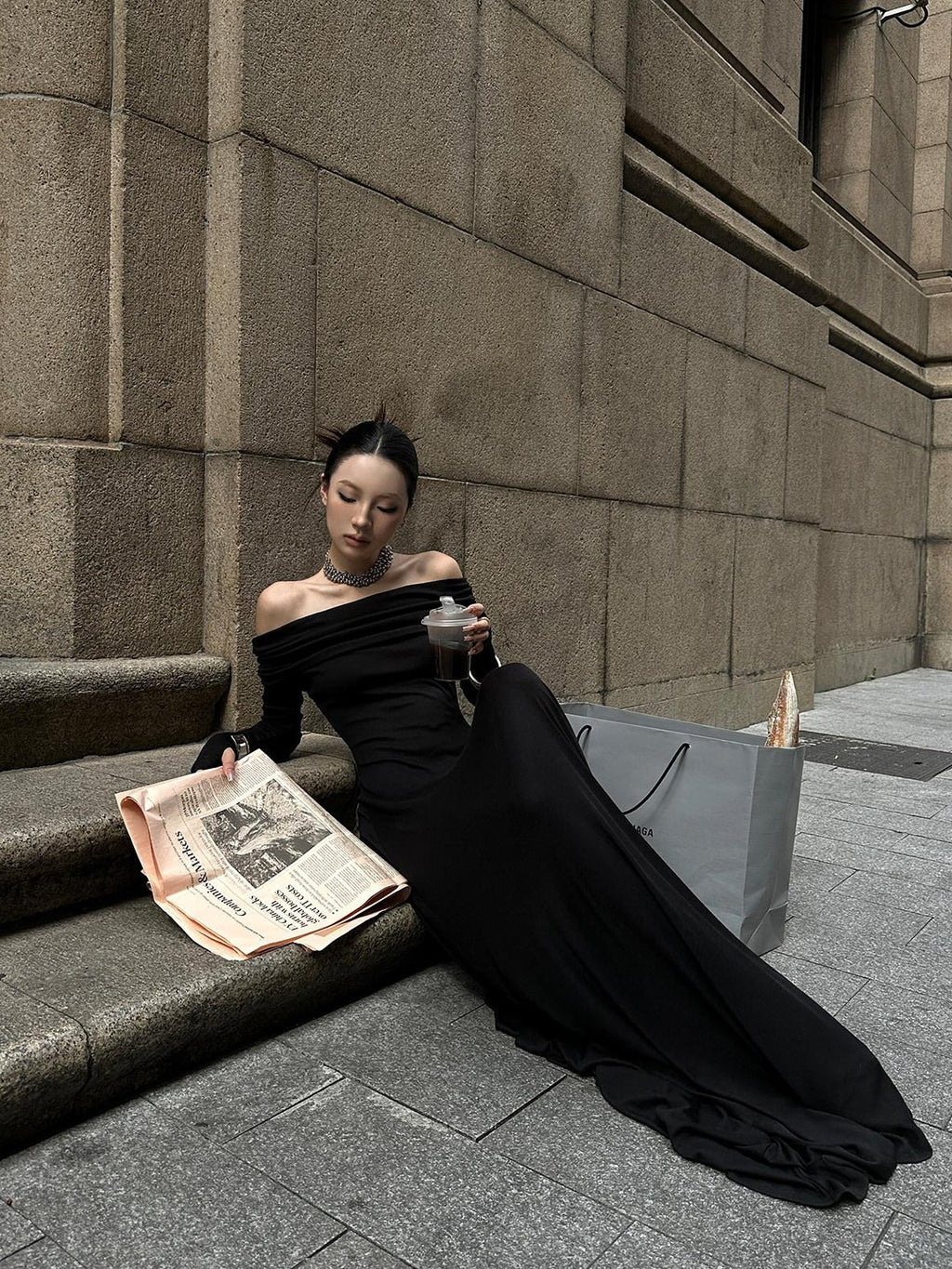 Fanptntox Black Bardot Long Sleeve Zipper Knit Women's Strapless Maxi Dresses