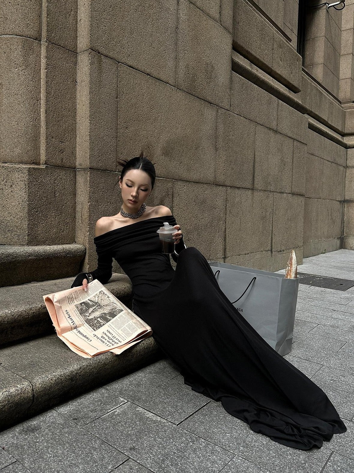 Fanptntox Black Bardot Long Sleeve Zipper Knit Women's Strapless Maxi Dresses