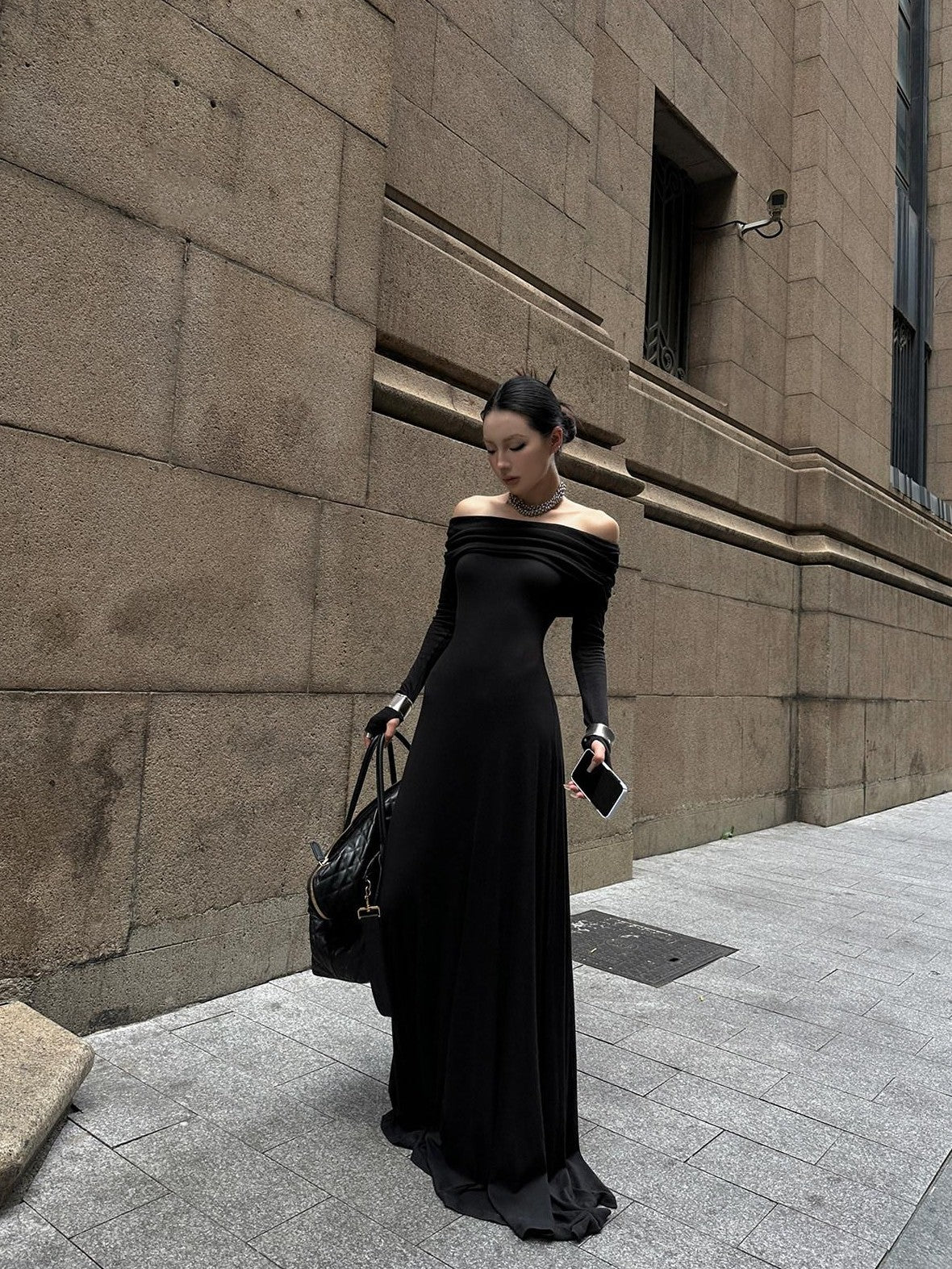 Fanptntox Black Bardot Long Sleeve Zipper Knit Women's Strapless Maxi Dresses