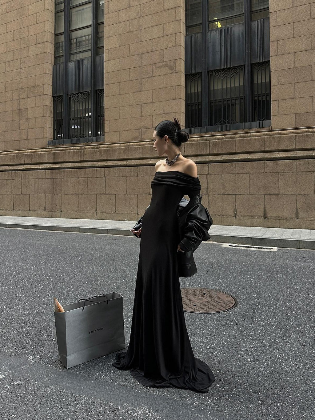 Fanptntox Black Bardot Long Sleeve Zipper Knit Women's Strapless Maxi Dresses