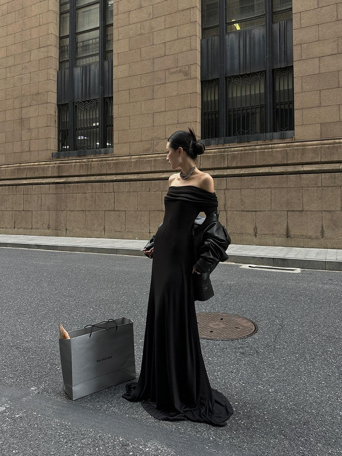 Fanptntox Black Bardot Long Sleeve Zipper Knit Women's Strapless Maxi Dresses