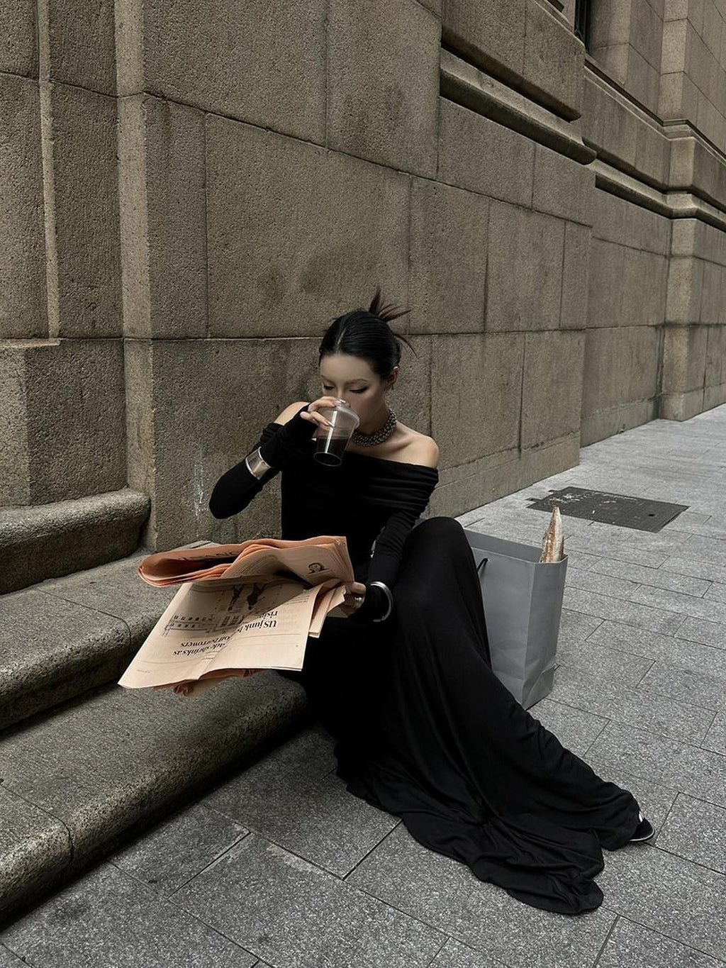 Fanptntox Black Bardot Long Sleeve Zipper Knit Women's Strapless Maxi Dresses