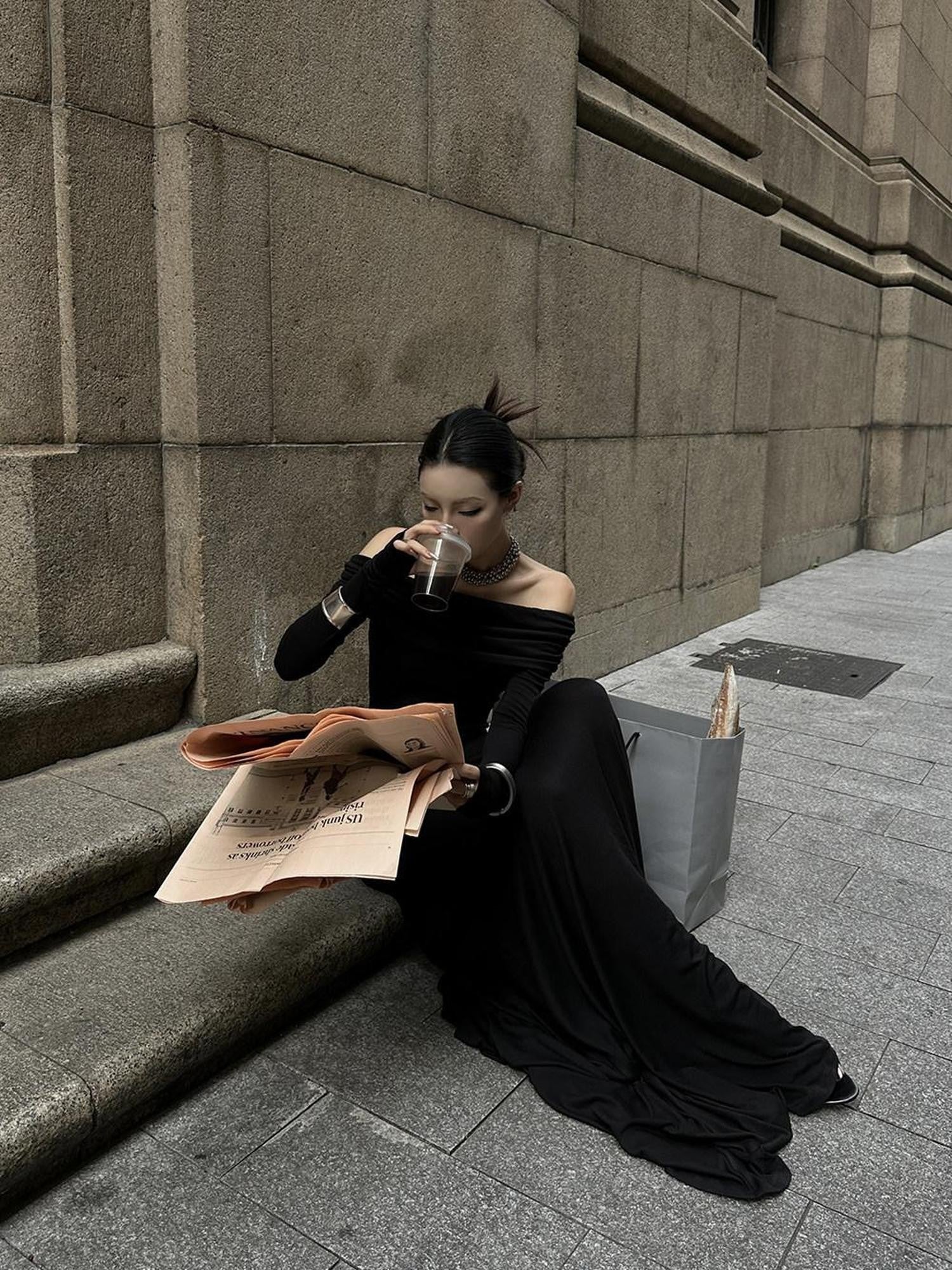 Fanptntox Black Bardot Long Sleeve Zipper Knit Women's Strapless Maxi Dresses