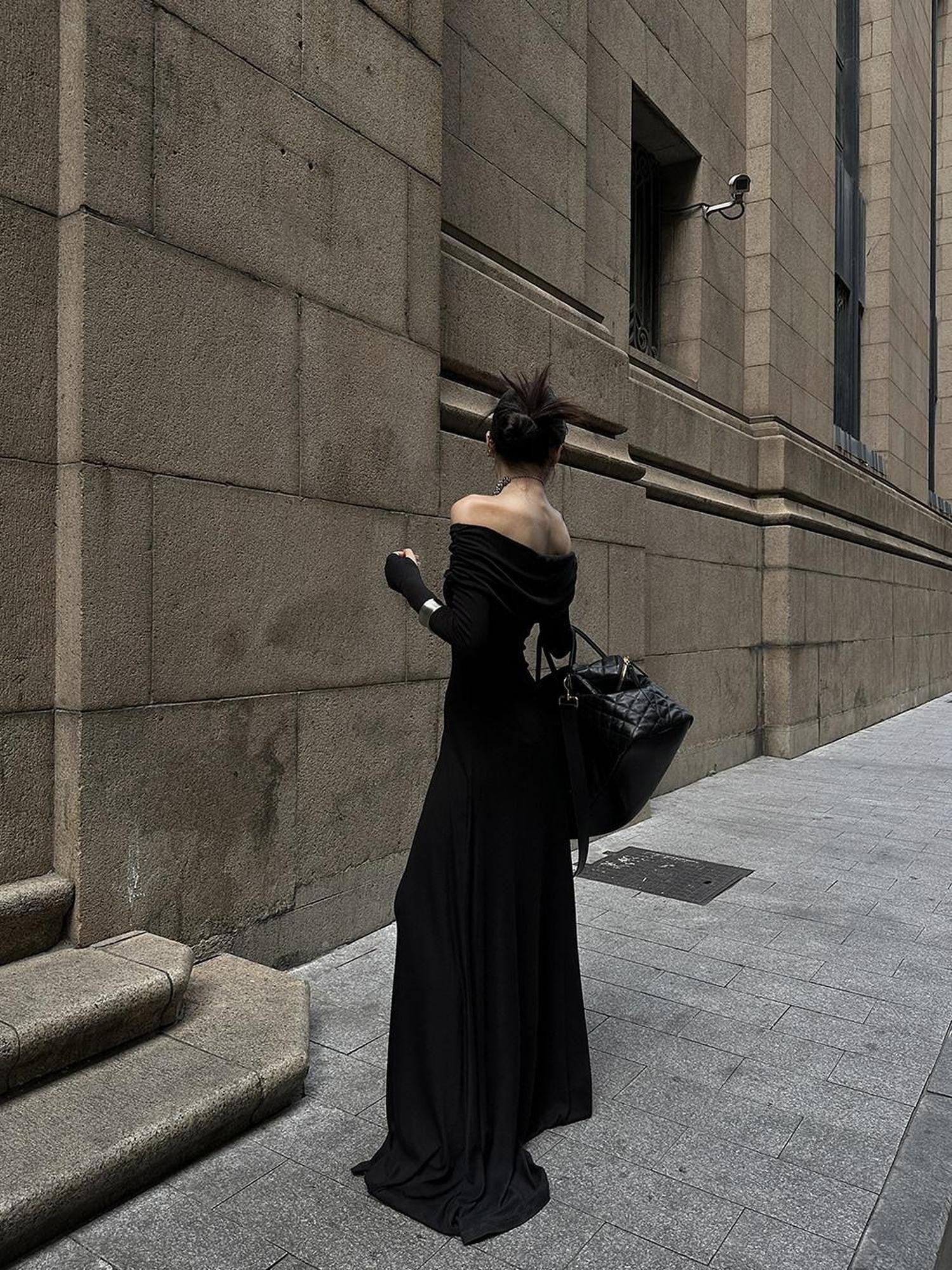 Fanptntox Black Bardot Long Sleeve Zipper Knit Women's Strapless Maxi Dresses