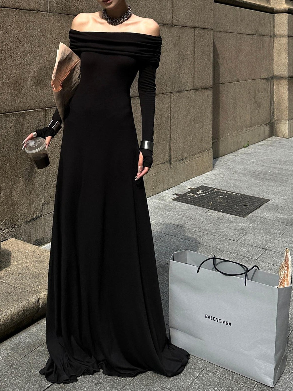 Fanptntox Black Bardot Long Sleeve Zipper Knit Women's Strapless Maxi Dresses