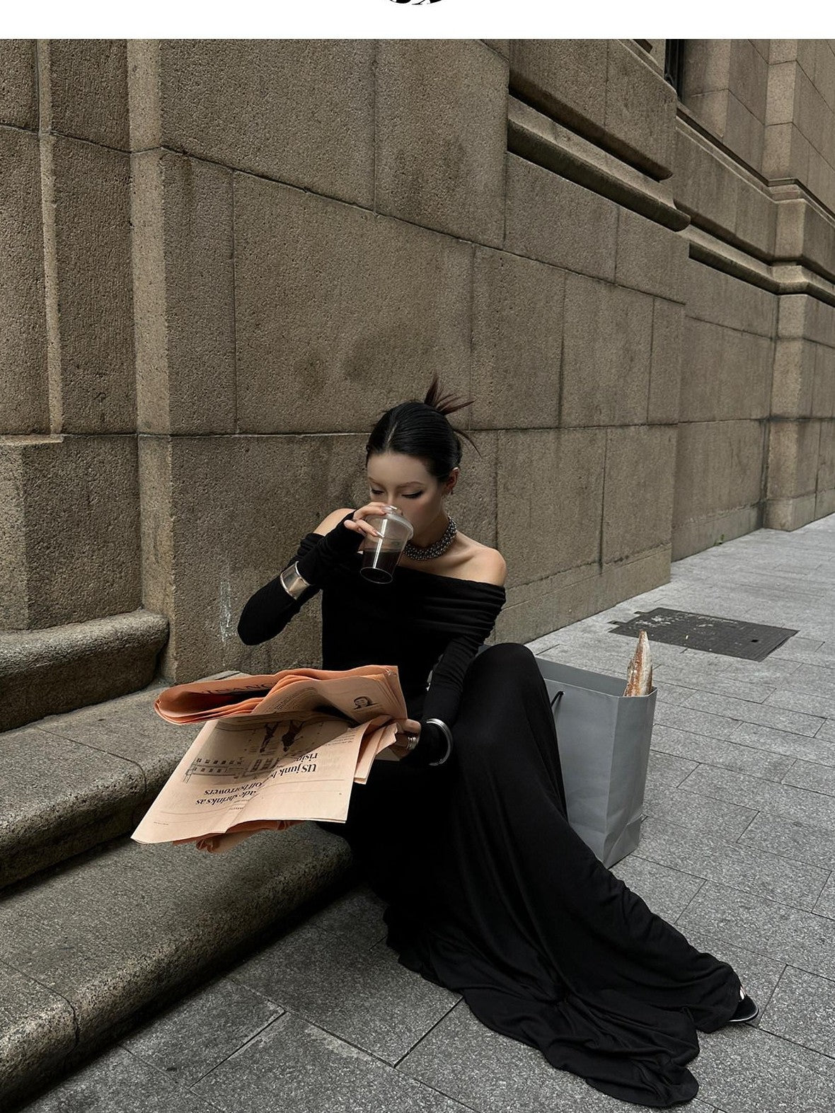 Fanptntox Black Bardot Long Sleeve Zipper Knit Women's Strapless Maxi Dresses