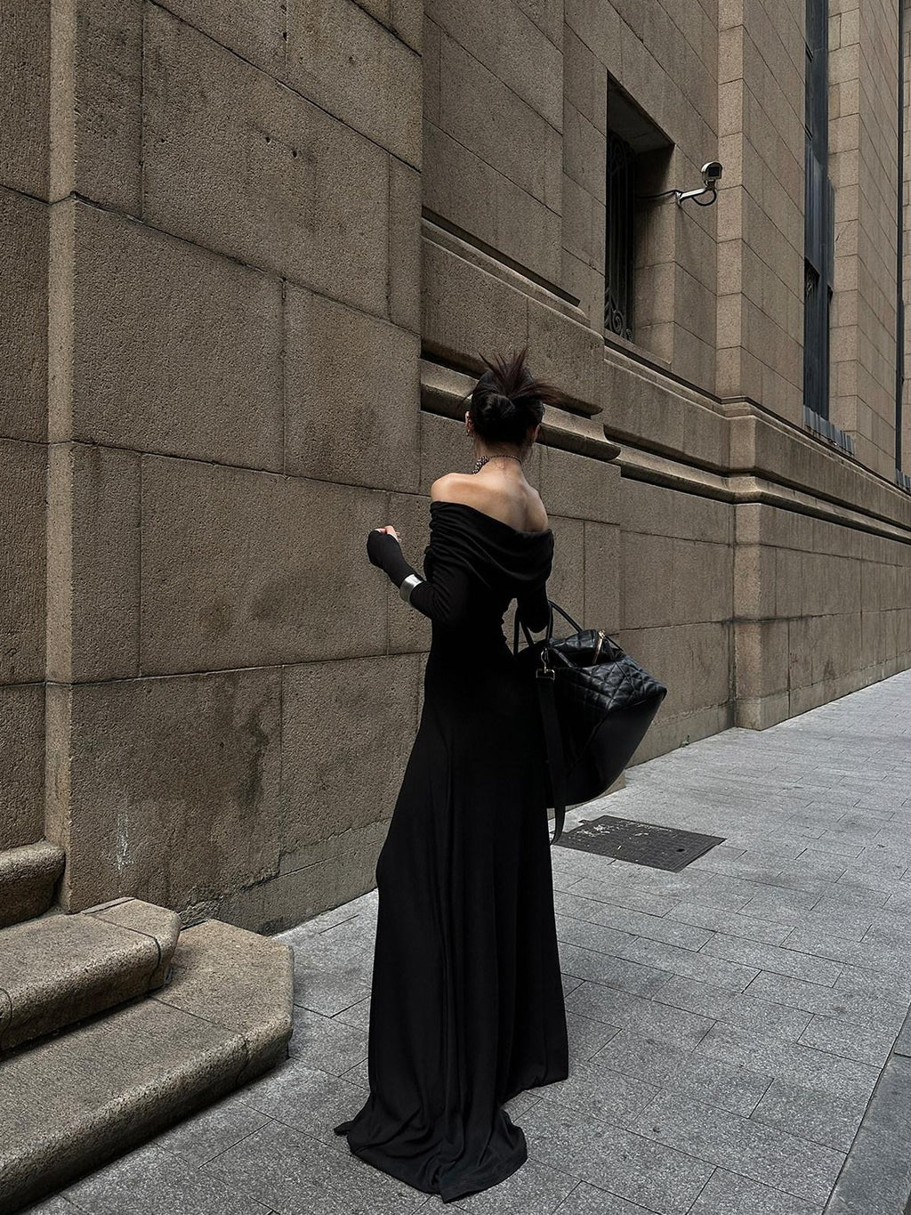 Fanptntox Black Bardot Long Sleeve Zipper Knit Women's Strapless Maxi Dresses