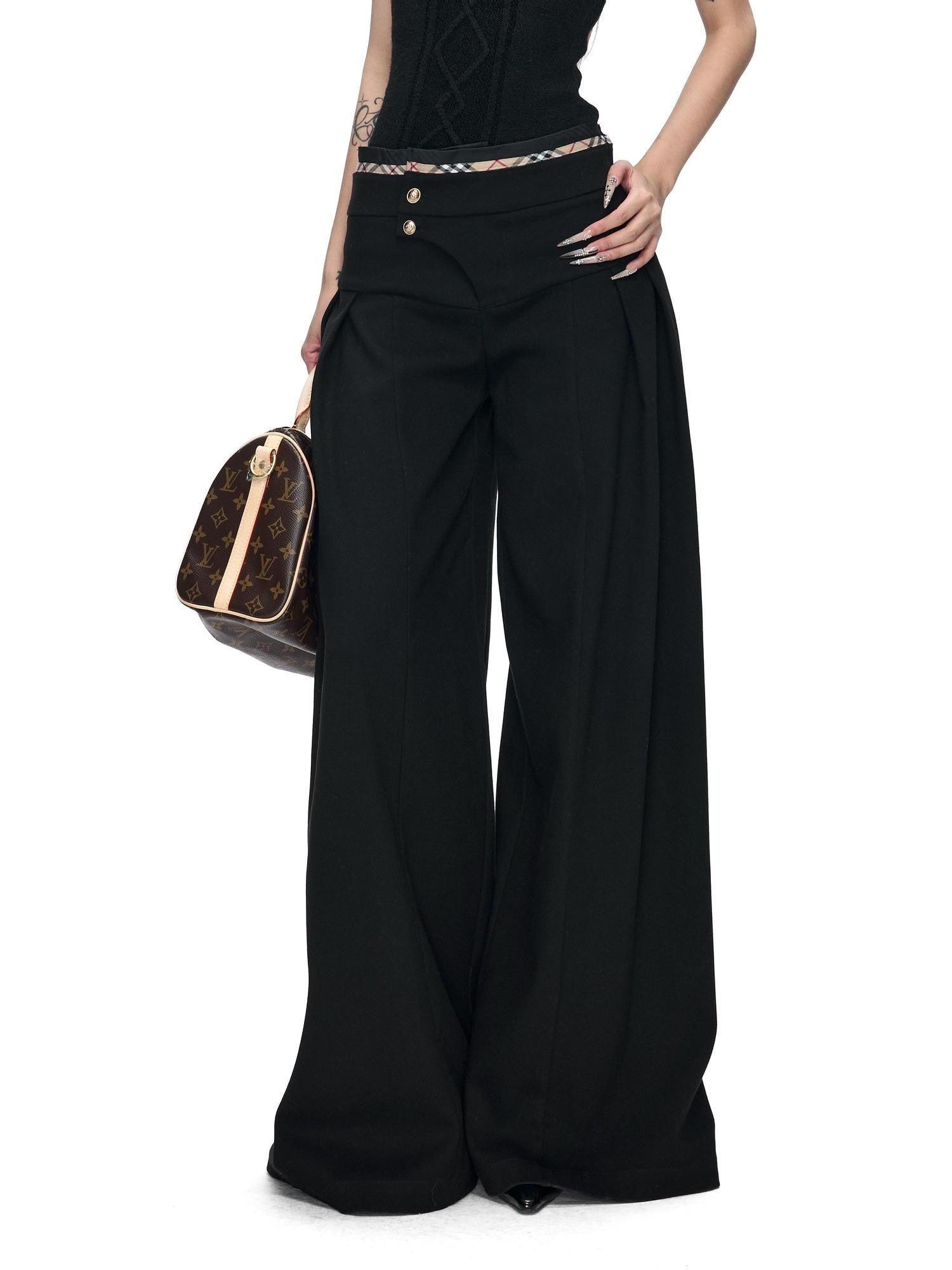 Fanptntox Black British Tailored Slanted Zip Woven Women's Polyester Blend Wide-leg Pants