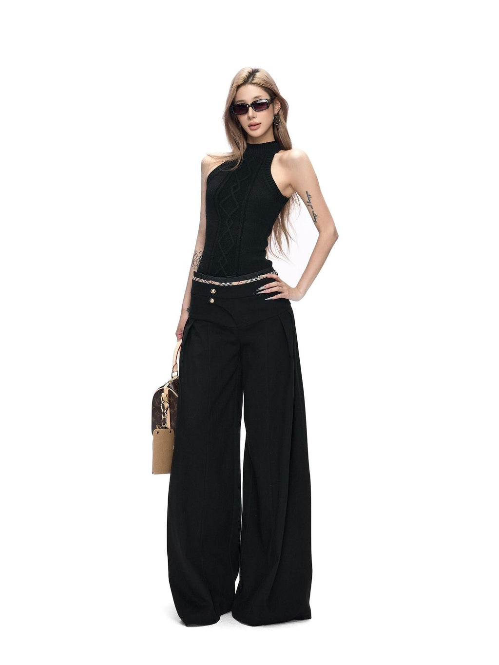 Fanptntox Black British Tailored Slanted Zip Woven Women's Polyester Blend Wide-leg Pants