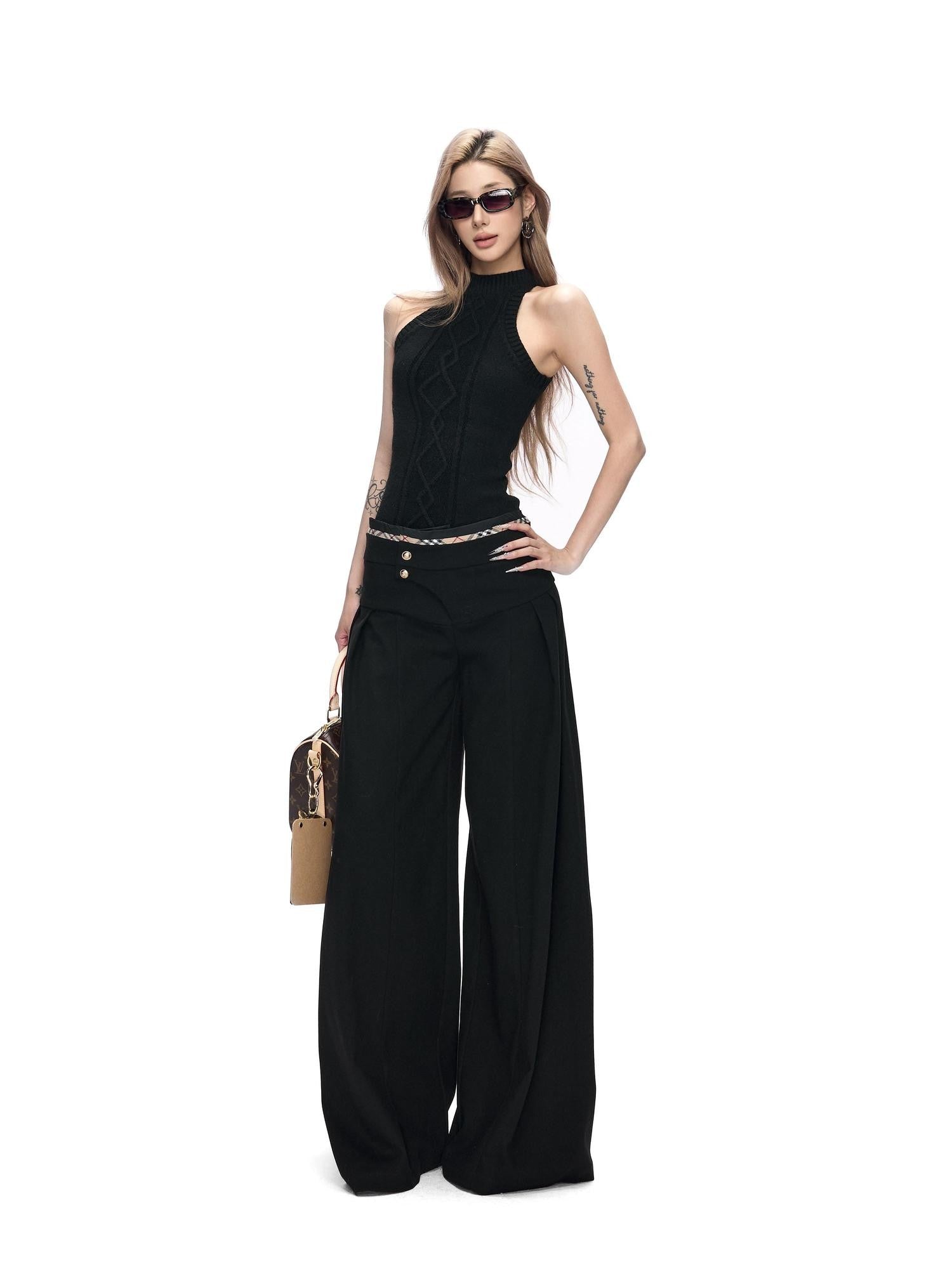Fanptntox Black British Tailored Slanted Zip Woven Women's Polyester Blend Wide-leg Pants