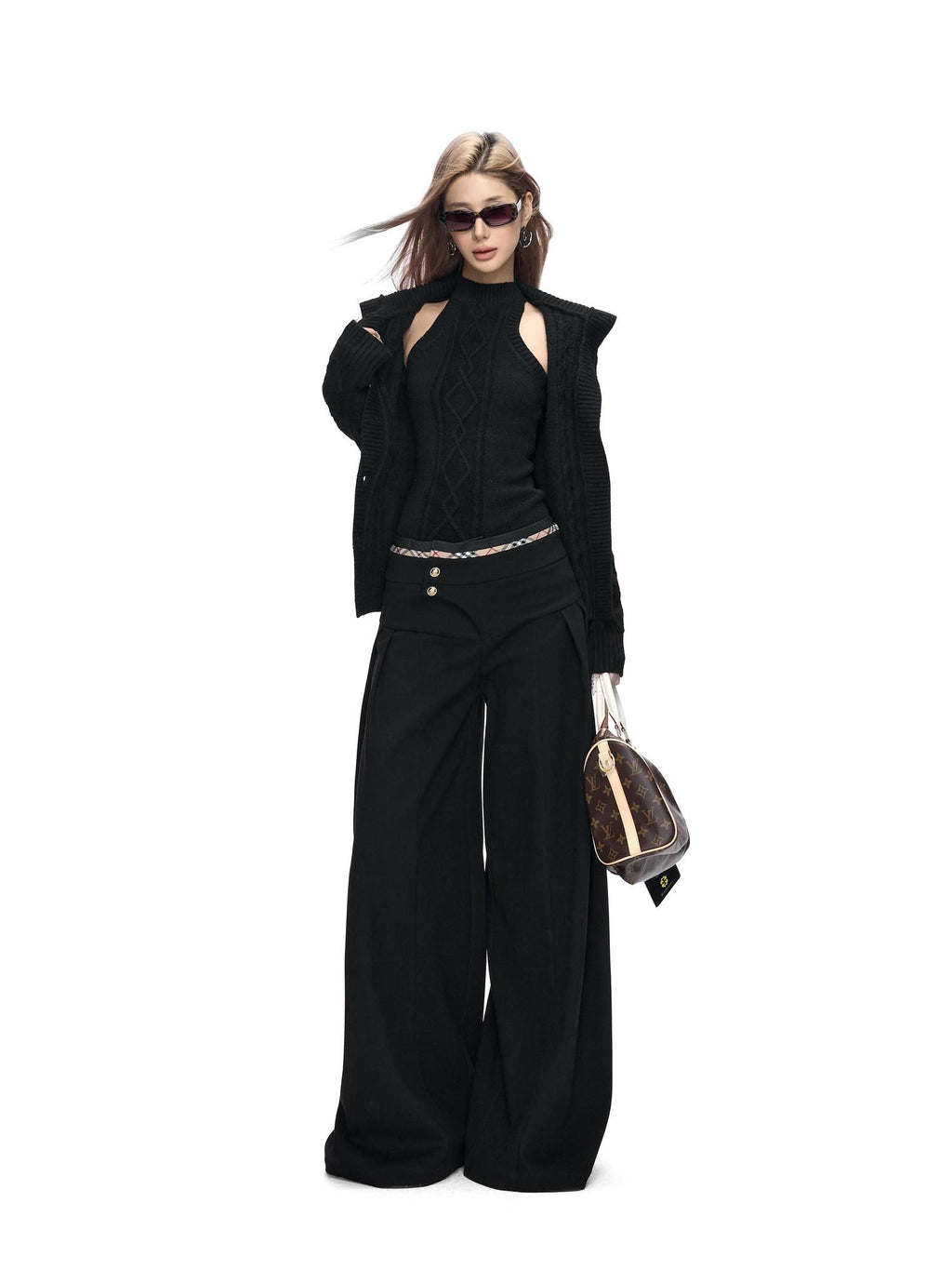 Fanptntox Black British Tailored Slanted Zip Woven Women's Polyester Blend Wide-leg Pants