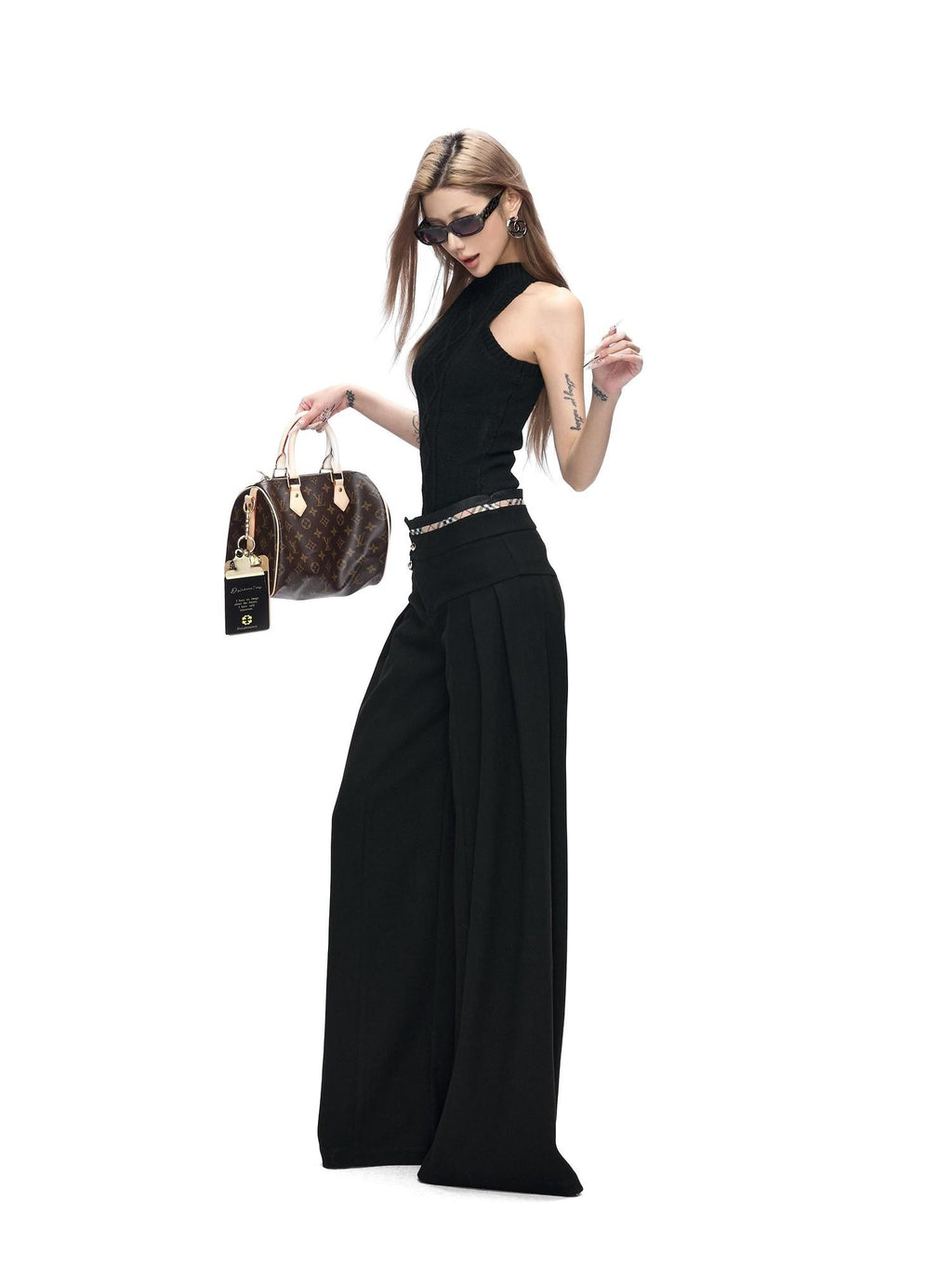 Fanptntox Black British Tailored Slanted Zip Woven Women's Polyester Blend Wide-leg Pants