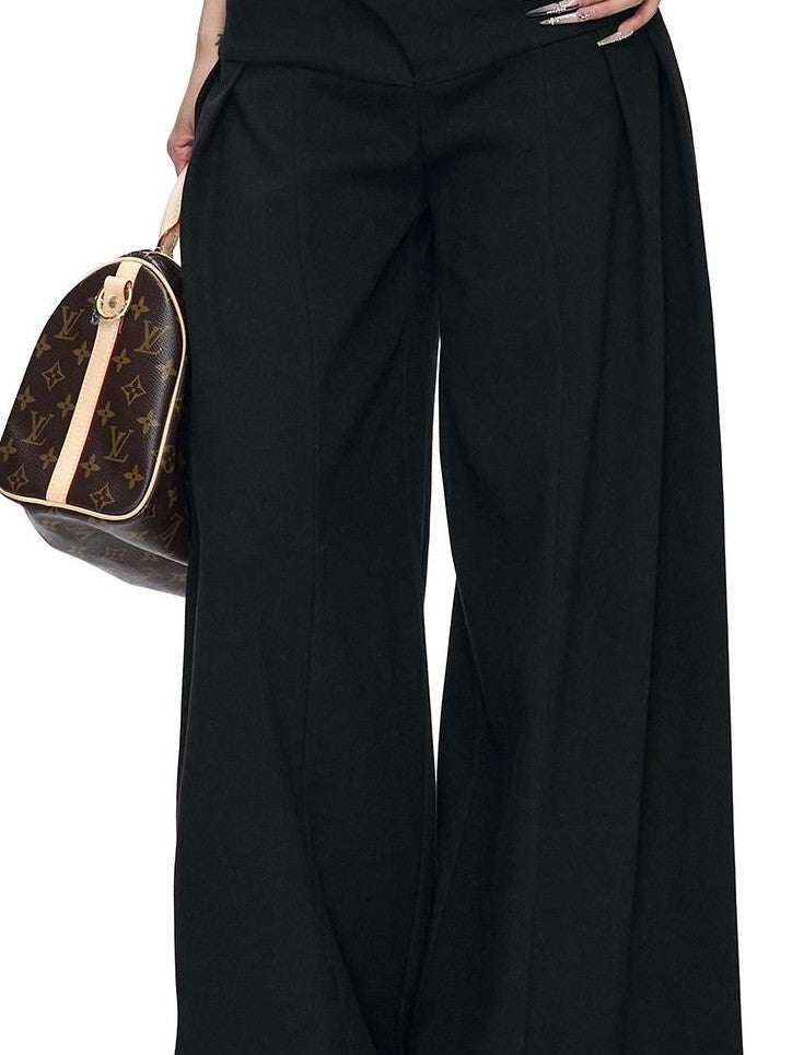 Fanptntox Black British Tailored Slanted Zip Woven Women's Polyester Blend Wide-leg Pants
