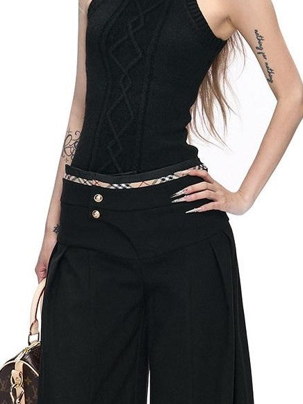 Fanptntox Black British Tailored Slanted Zip Woven Women's Polyester Blend Wide-leg Pants