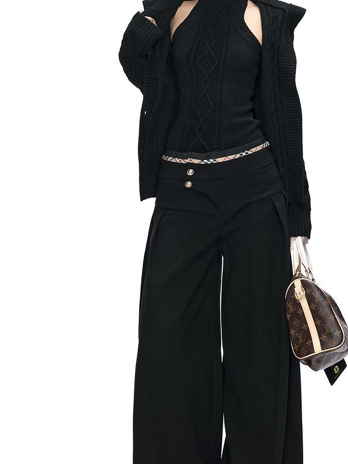 Fanptntox Black British Tailored Slanted Zip Woven Women's Polyester Blend Wide-leg Pants