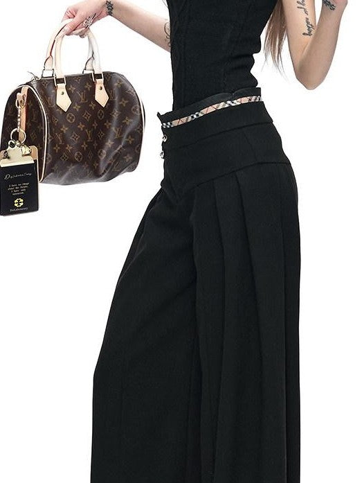 Fanptntox Black British Tailored Slanted Zip Woven Women's Polyester Blend Wide-leg Pants