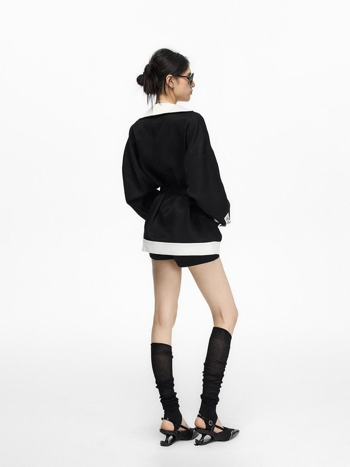 Fanptntox Black Colorblock Cinched Waist Women's Polyester Blend Tweed Jackets