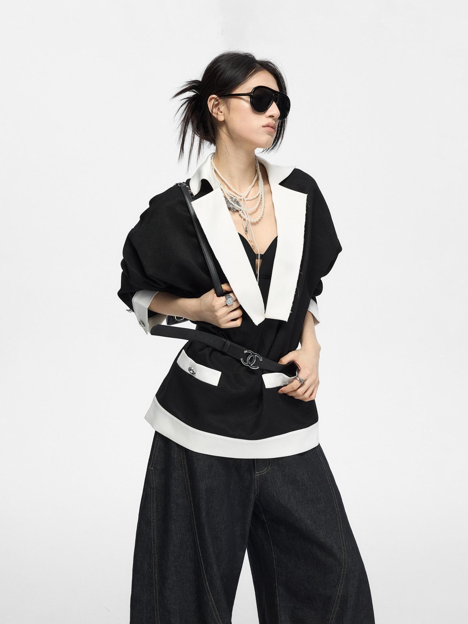Fanptntox Black Colorblock Cinched Waist Women's Polyester Blend Tweed Jackets