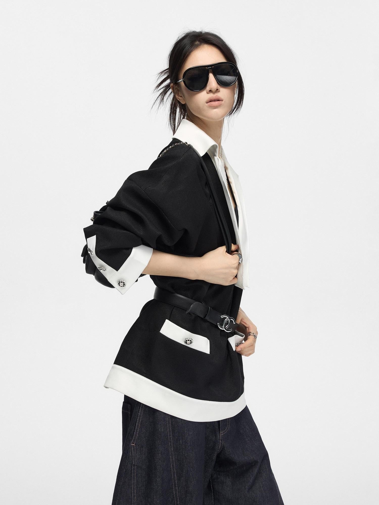 Fanptntox Black Colorblock Cinched Waist Women's Polyester Blend Tweed Jackets