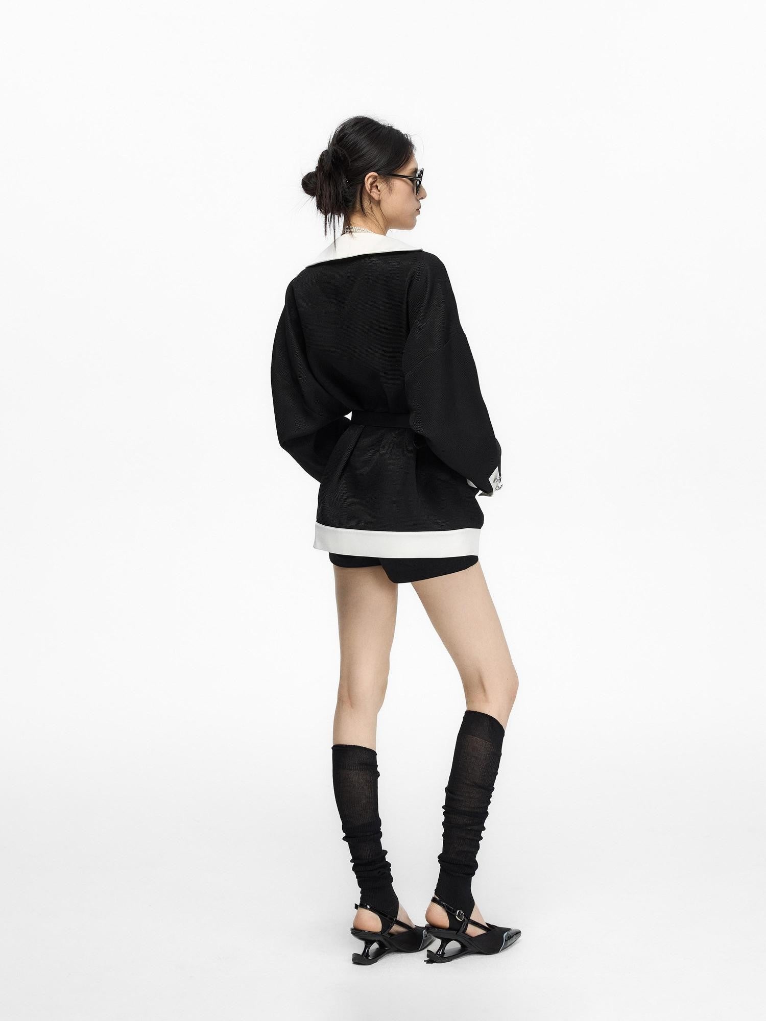 Fanptntox Black Colorblock Cinched Waist Women's Polyester Blend Tweed Jackets
