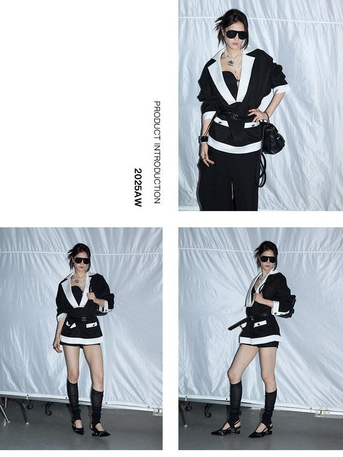 Fanptntox Black Colorblock Cinched Waist Women's Polyester Blend Tweed Jackets