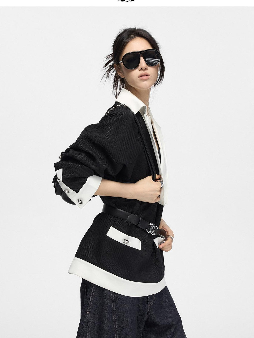 Fanptntox Black Colorblock Cinched Waist Women's Polyester Blend Tweed Jackets